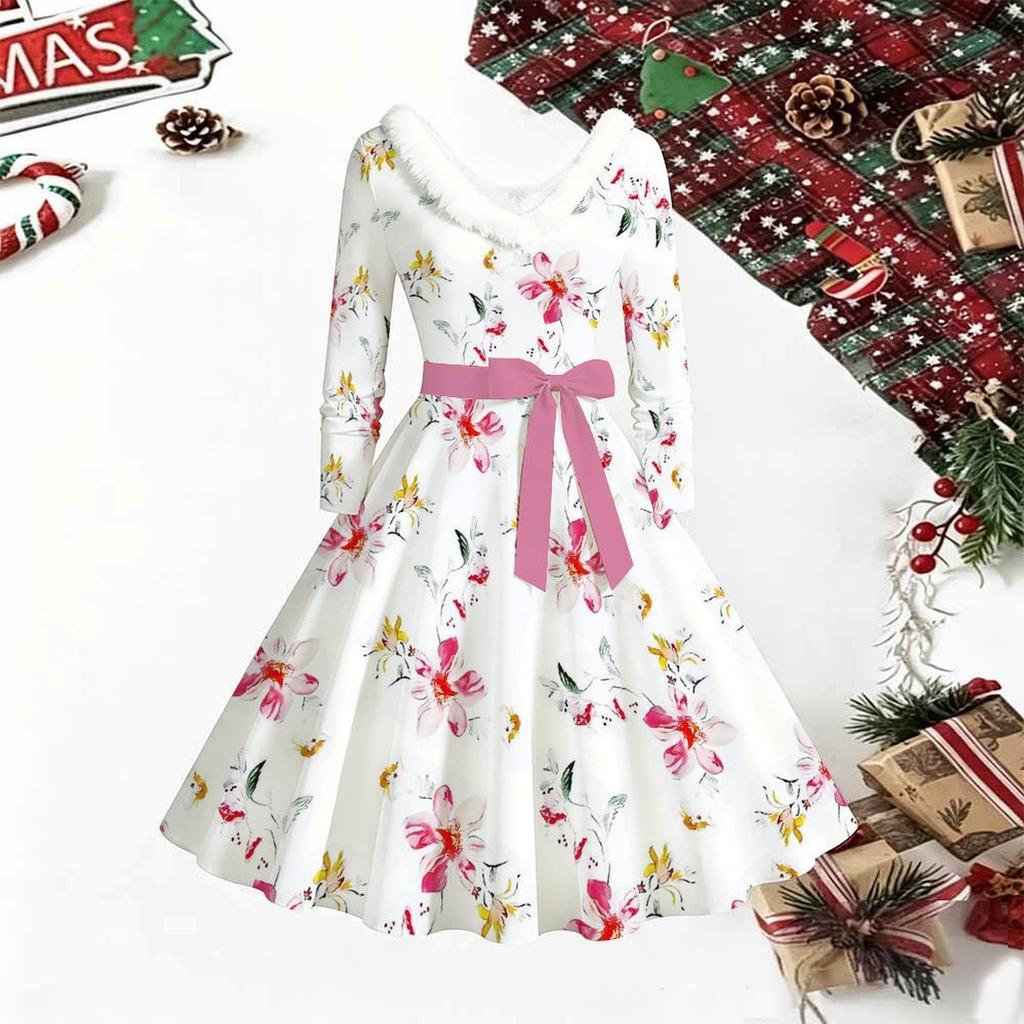 Women Floral Print Midi Dress, Long Sleeve V‑Neck Furry Trim A‑Line Party Dress, Christmas Limited Edition