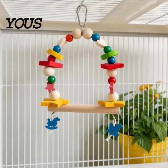 Wood Parrot Toy Hanging Swing Toy, Wooden Bird Perch Stand for Cage, Standing Branch Beads Blocks Chew Parakeet Cockatiel Budgie Macaws