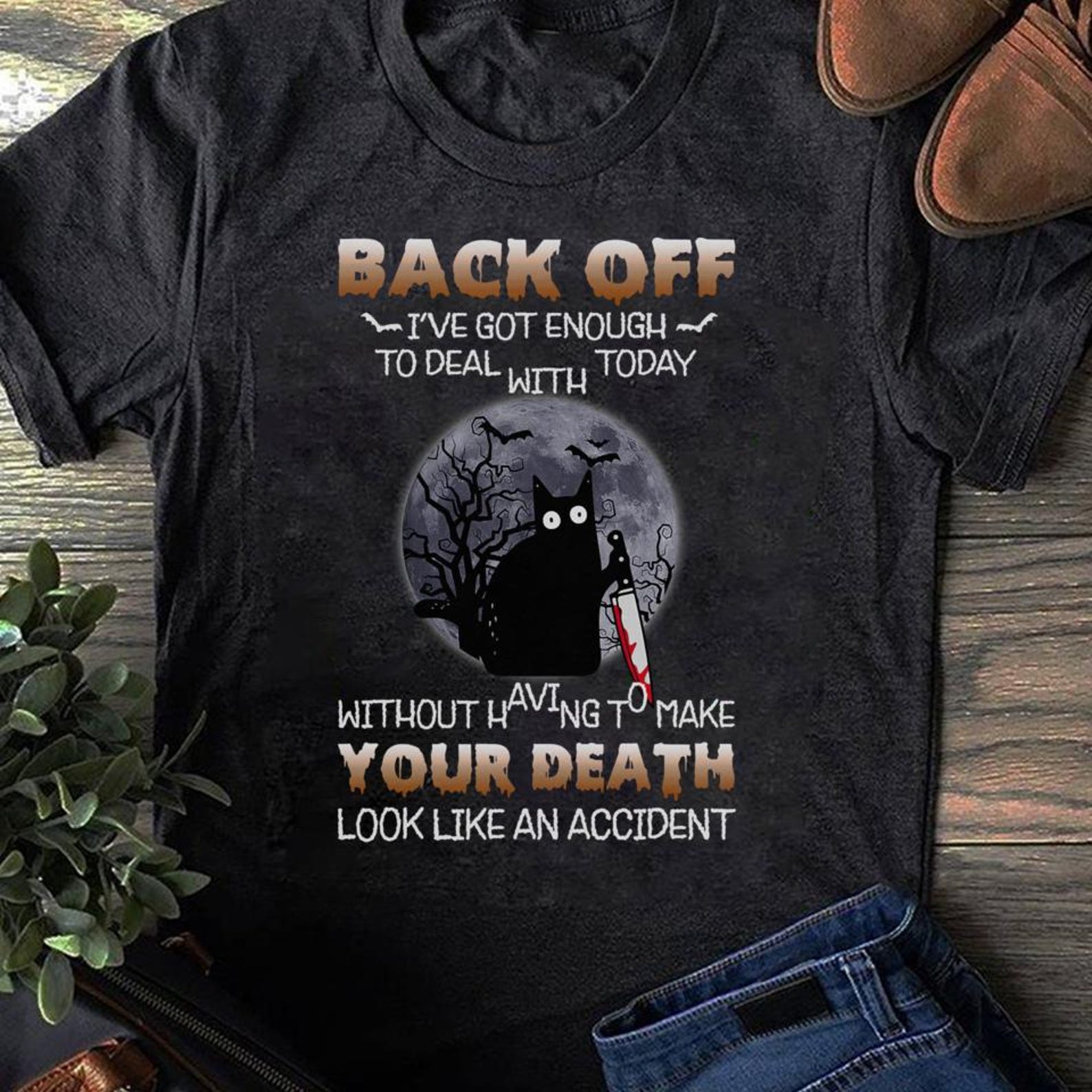 Funny Cat Halloween T-Shirt: Back Off Cat with Knife L