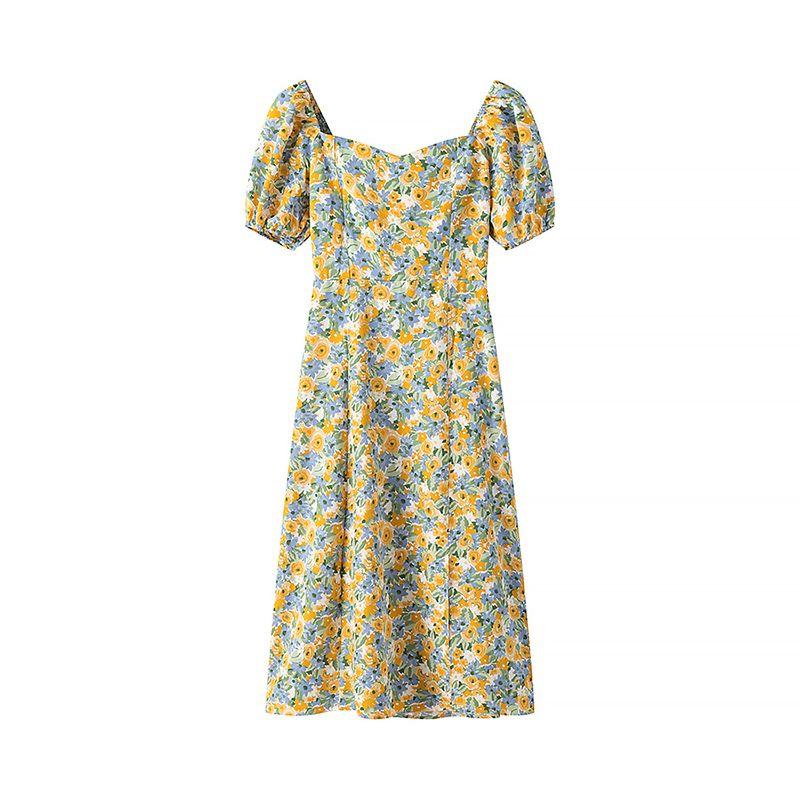 

Orange Cooked French Style Retro Cute White Floral Puff Sleeves Square-Neck Cinched Split Vacation Style Dress The oranges are ripe L