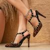 Liyke Designer High Heels Sandals Female Metal Rivet Ankle Strap Women Pumps Sexy Leopard Print Pointed Toe Party Stripper Shoes