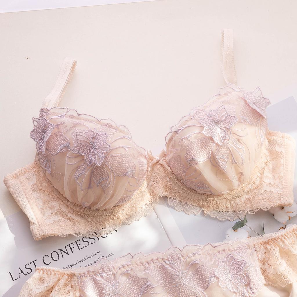 Set Reggiseno con Ricamo in Pizzo Stile Dolce Giapponese Coppa Sottile Confortevole Raccoglitore Push Up Biancheria Intima per Ragazze