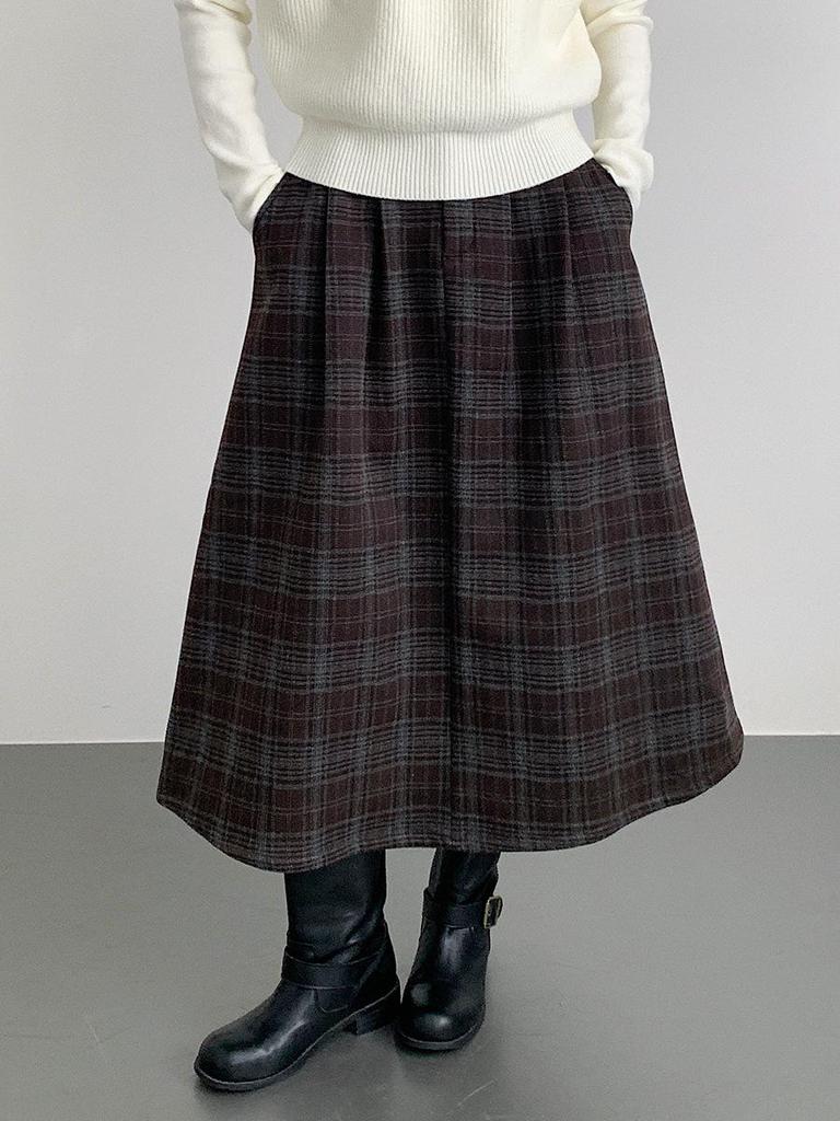 Ou Fan Retro Coffee Plaid Woolen Women's A-line Skirt, Autumn/Winter Slimming Long Skirt, Style 11071