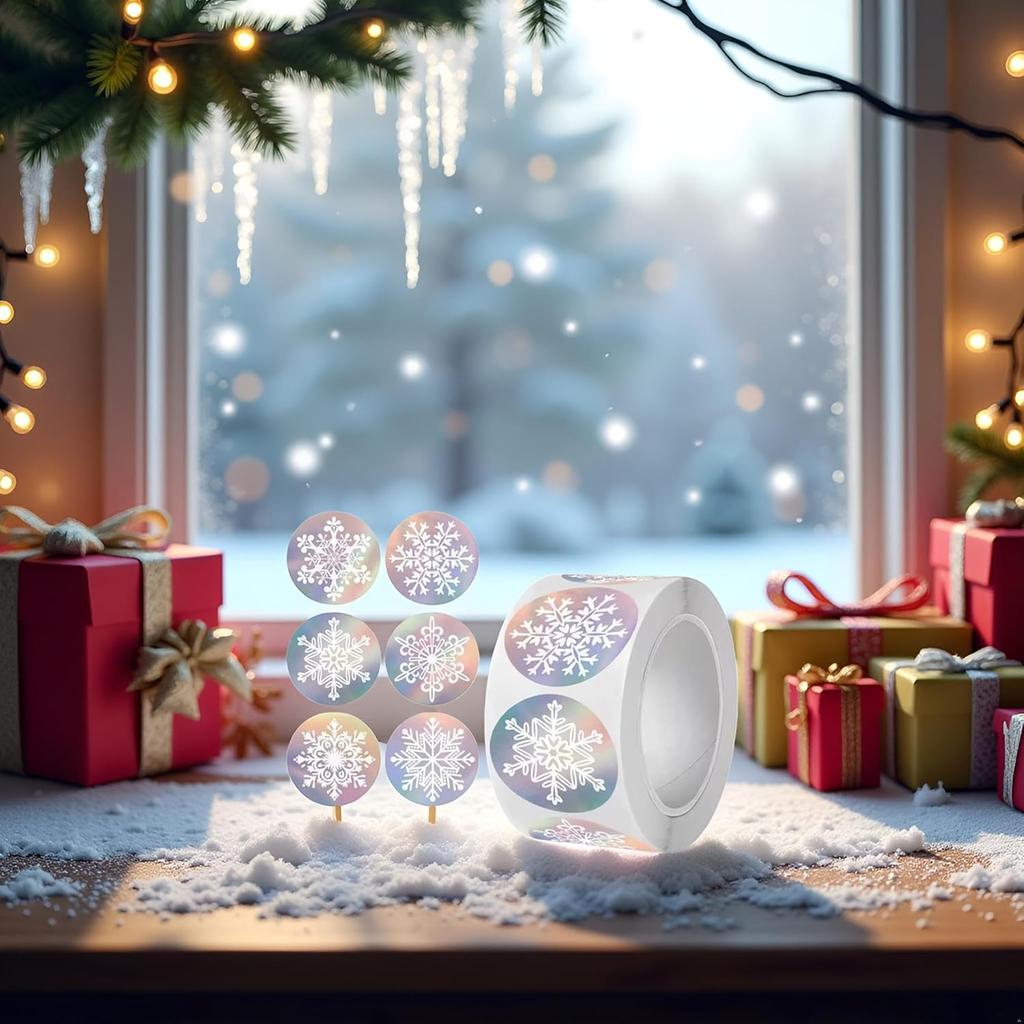 500 Pcs Holographic Snowflake Stickers,Christmas Adhesive Stickers Colorful Round Label Sticker for Envelope Cookie Candy Box (3.8cm)