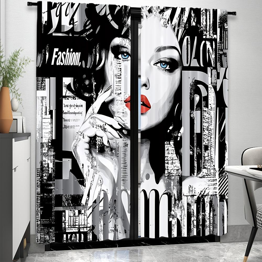 2pcs Fashion Woman Portrait Curtains Modern Art Print Blue Eyes Red Lips Abstract Design Polyester Window Drapes for Living Room