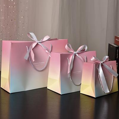 3 Gradual Color Paper Gift Bags with Ribbon Bows - "Happy Times" Celebration Bags for Cosmetics, Cups & More - Ideal for Birthdays
