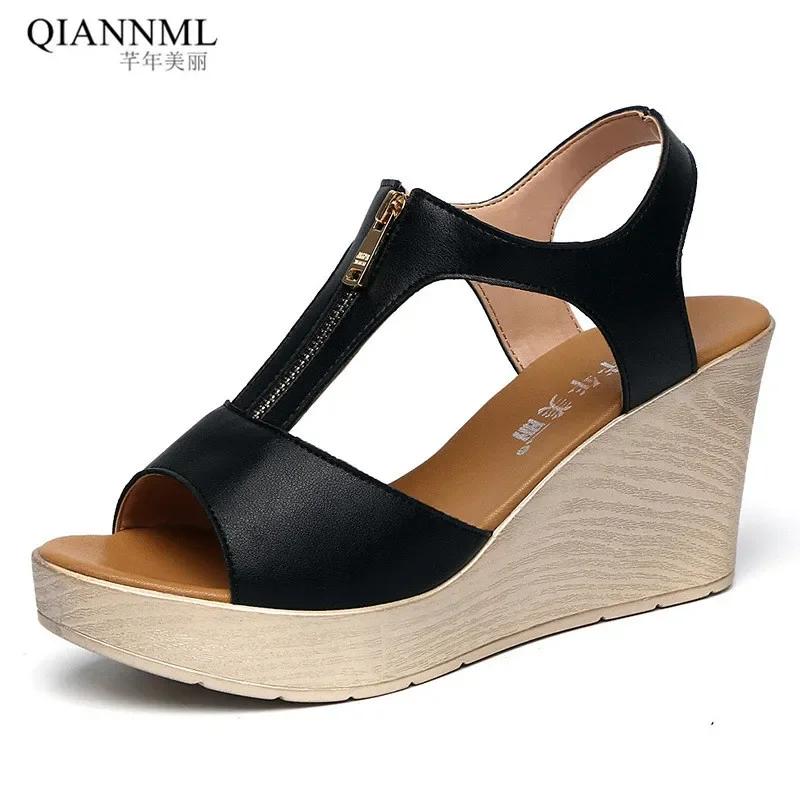 Mărime Mică 8cm 32-43 Pantofi Confortabili din Piele Moale cu Fermoar Frontal Sandale cu Platformă și Toc Pană 2025 Vară Pantofi cu Toc Înalt pentru Birou