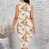 Women Plus Size Sleeveless Round Neck Midi Bodycon Dress Gradient Watercolor Wildflower Print Slim Fit Dress