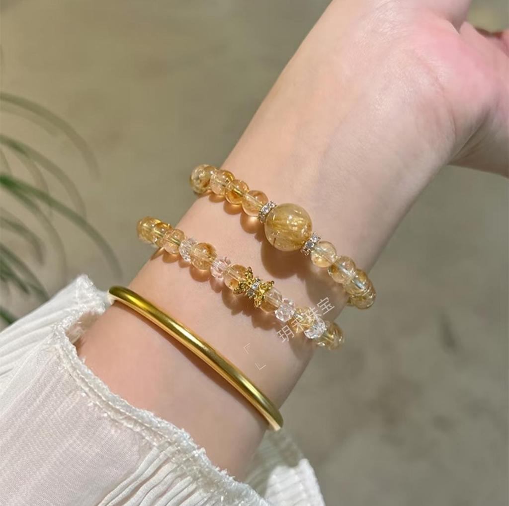 Natural Yellow Gold Double Circle Bracelet Women's Rutilated Quartz Citrine for Wealth & Luck