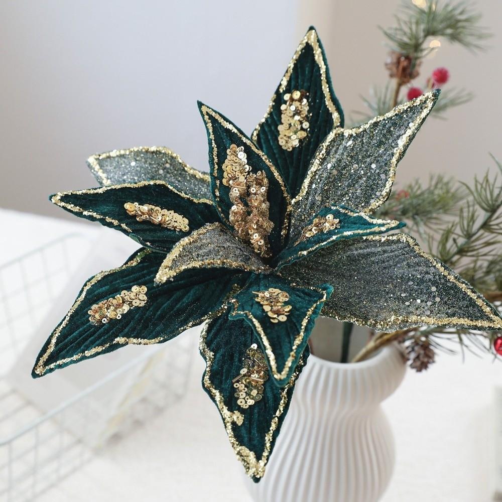 New 32CM Artificial Poinsettia Flower Sequins Glitter Christmas Glitter Flower Sparkling DIY Christmas Flower New Year Festival