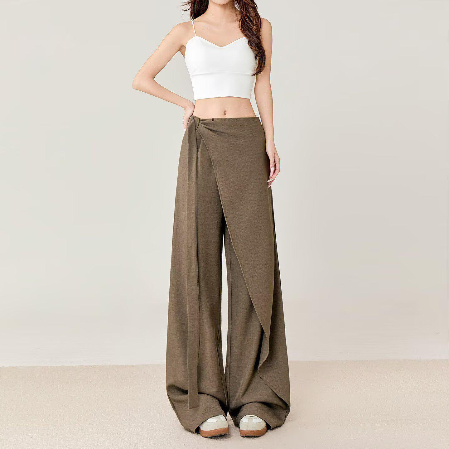 

Rice Grey High-Waist Wide-Leg Pants: Irregular Ribbon Detail, Slimming Draping, Casual Suit Style (2026) S