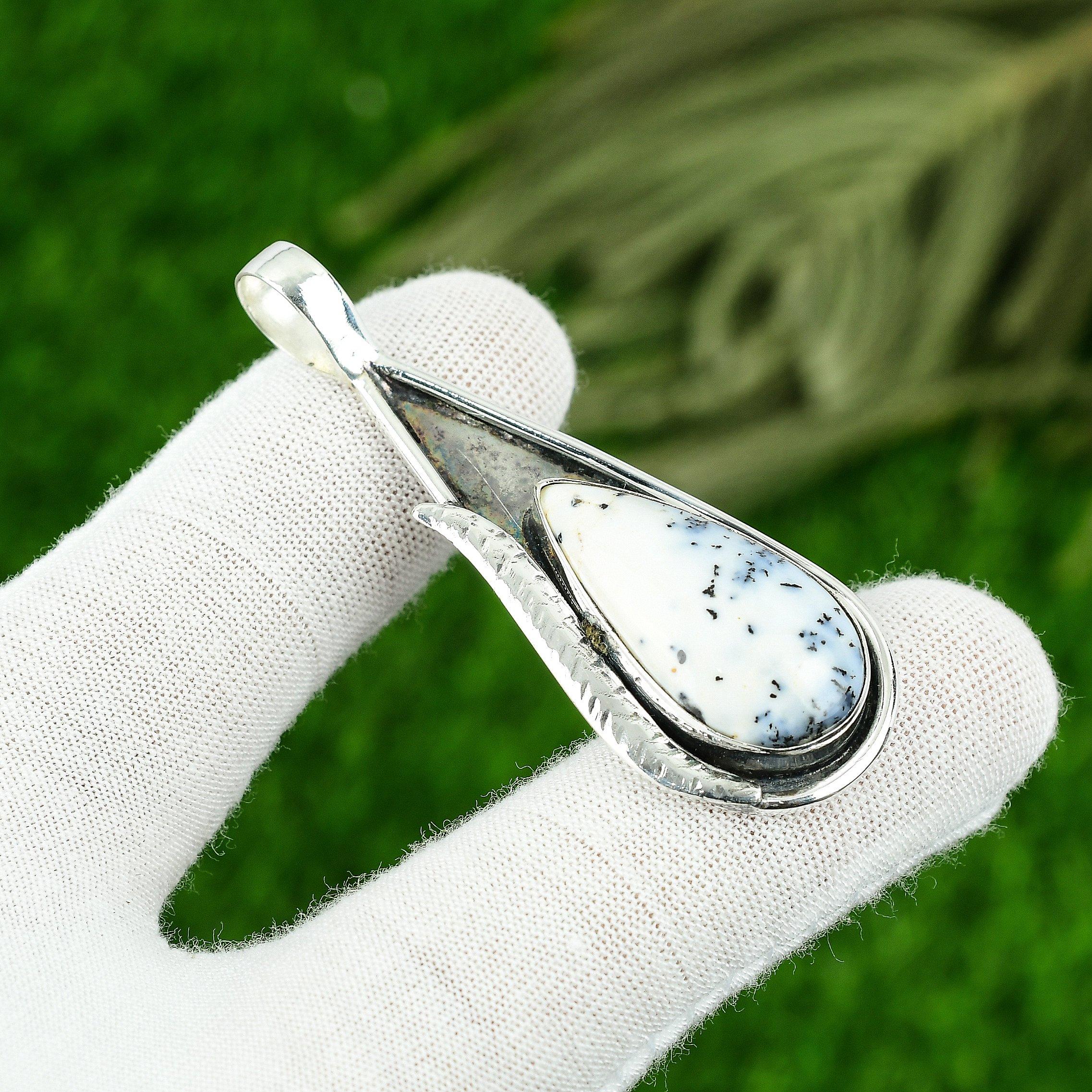 

925 Sterling Silver Pear Dendrite Opal Gemstone Engagement Daughter Boho Pendant