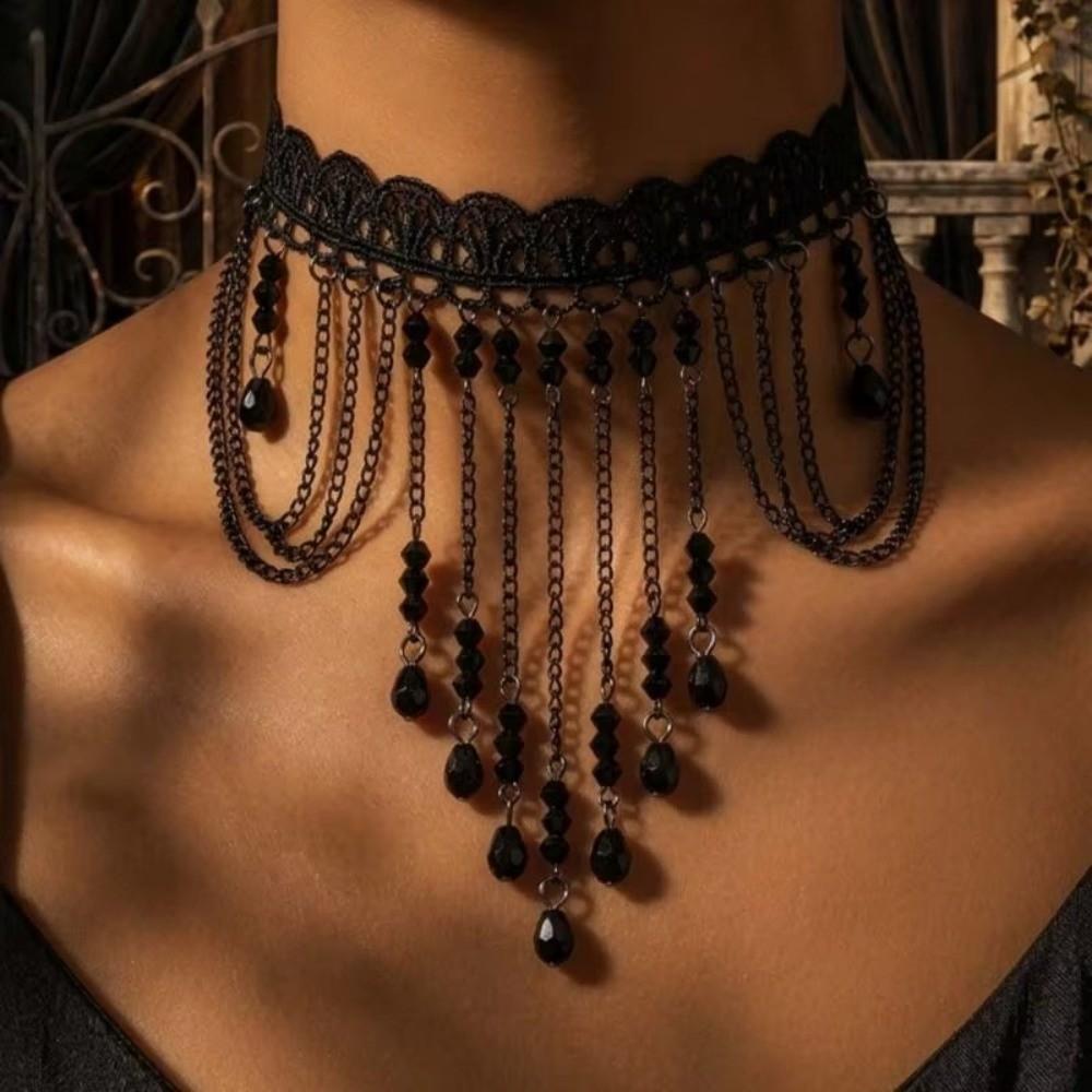 Black Lace Pendant Necklace Tassel Drop Beaded Necklace Fashion Choker Necklace Women