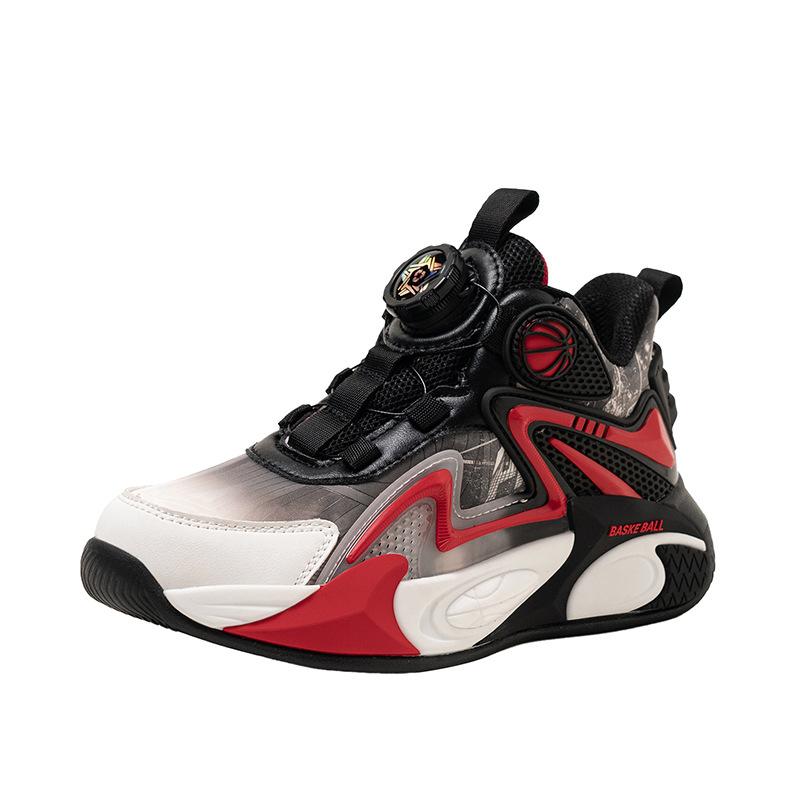Children's 2025 autumn new middle-aged and older children's basketball shoes boys' shoes rotating button leather waterproof boys' sports shoes