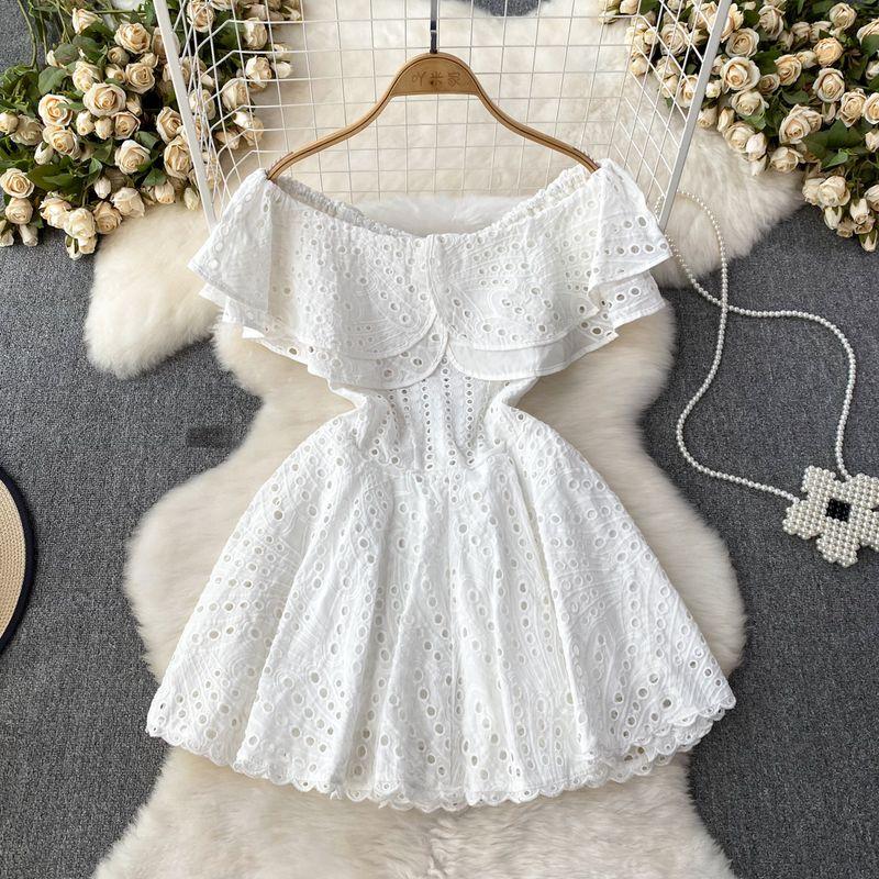 

Off-the-Shoulder Retro A- line Cut Out Seaside Holiday Dress White S