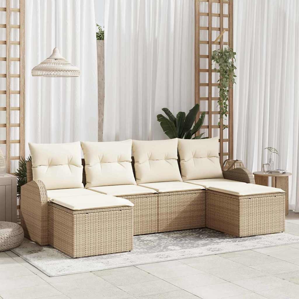 6 Piece Sofa Set with Cushions Beige and White Poly Rattan