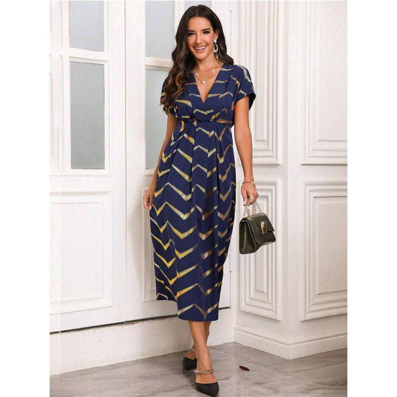 

Summer Women Dress Casual Ladies Skirt Summer Fashion European and American Print Dress Blue Bottom Bronzing 2XL