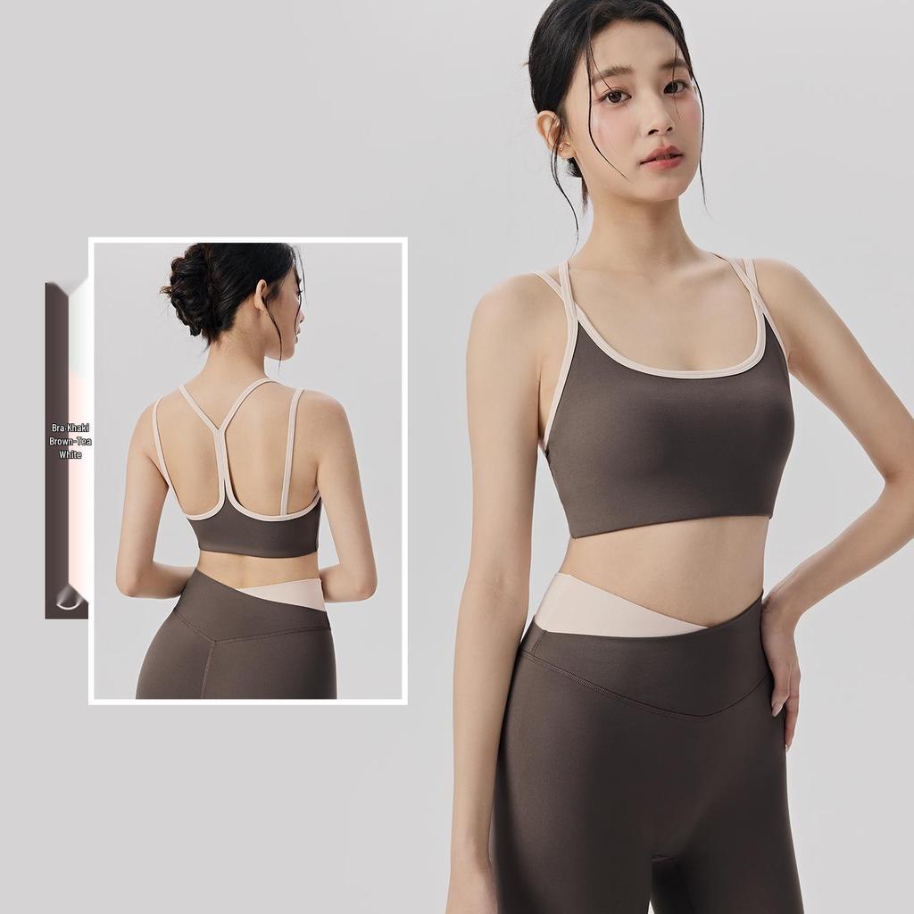Damen Color-Block Yoga-Set: Patchwork Sport-BH, Antibakterielle V-Ausschnitt High-Waist Bauchkontrollhose