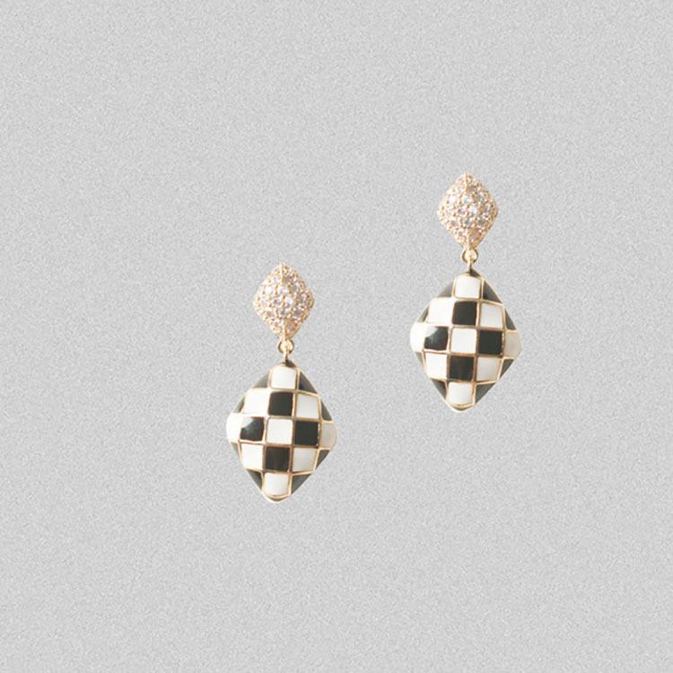 Trendy S925 Gold-Plated Sterling Silver Black & White Checkered Drop Earrings