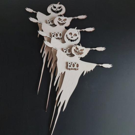 3 Pcs Halloween Cupcake Toppers Spooky Pumpkin Ghost Wooden Cupcake Pick for Halloween Theme Baby Shower Birthday Party Cake Decoration