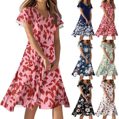Women's Casual Fashion Flower Print Dress V Neck Short Sleeve Short Skirt