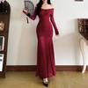 Autumn and Winter New Women's Clothing Solid Color Temperament Sexy One-word Collar High Waist Waist Dress Women