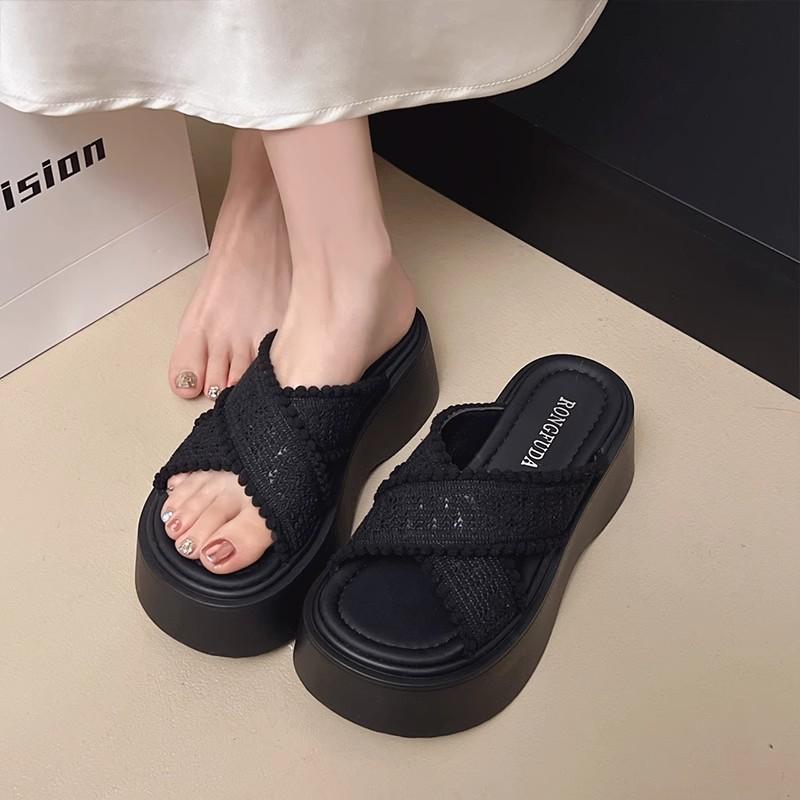 Small Height Increase Thick Bottom Cross Fashion Woven Slippers Women's Summer Wear Casual Vacation Seaside Beach Cool Slippers