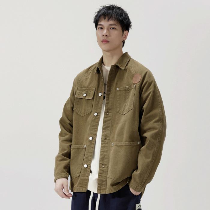 

Весенняя универсальная джинсовая куртка American Trend Retro Casual Label с рукавами на плечах, мужская куртка с длинными рукавами XL армия зеленый