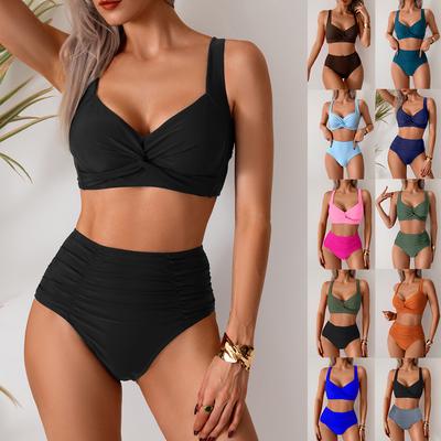 Dámsky jednofarebný plavkový set, Dvojdielny bikini plavkový set, Sexy plavky s vysokým pásom bez chrbta