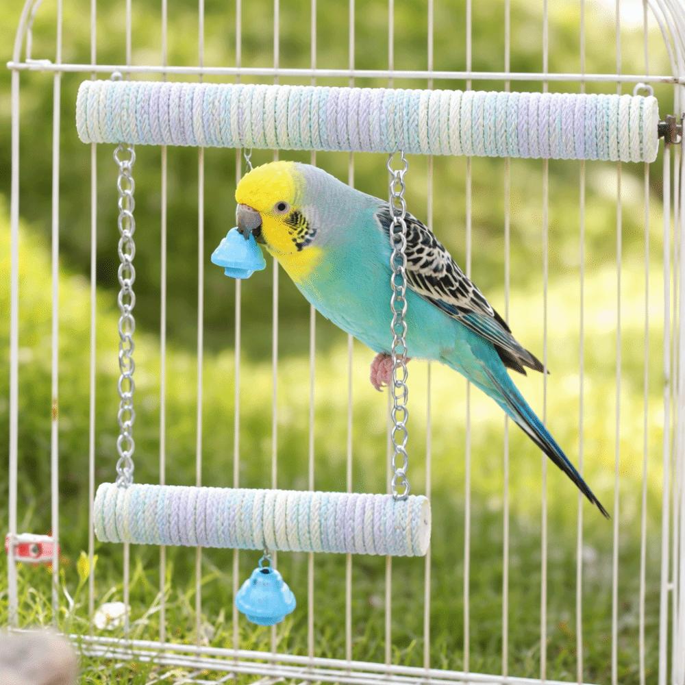 Double Layer Wood Standing Stick Colorful Cotton Rope Bird Cage Swing  Training Perch