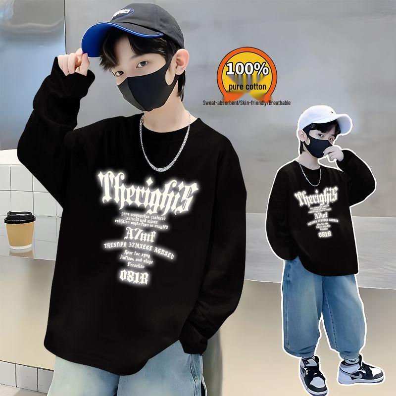 Trendiges Herbst-Baumwoll-Langarmshirt für Jungen - Lässiger lockerer Schnitt mit stylischem Buchstabenaufdruck
