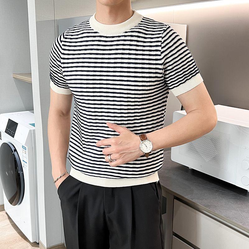 Basic Striped Short Sleeve Pullovers Men's Contrasting Colors Summer Korean Fashion Casual Knitted T-shirts