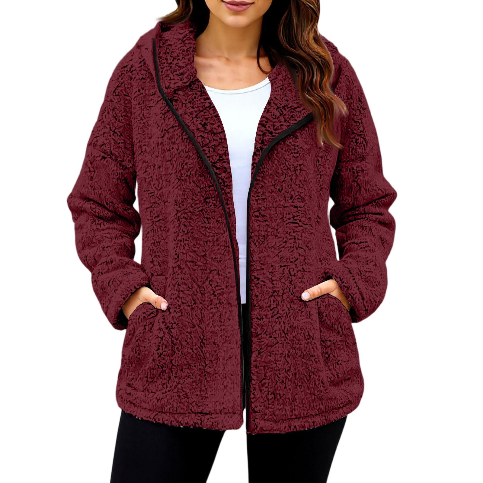 

Fashionable Women s Fashion Winter Thick Plush Long-sleeved Coat XL винний