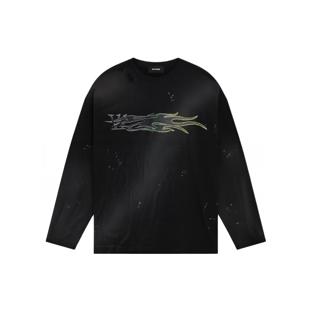 We11done Ss24 Metallic Color Printed Wash Round Neck Drop Shoulder Long Sleeve T-Shirt Unisex T-Shirt Black WD-TT0-24-752-U-BK