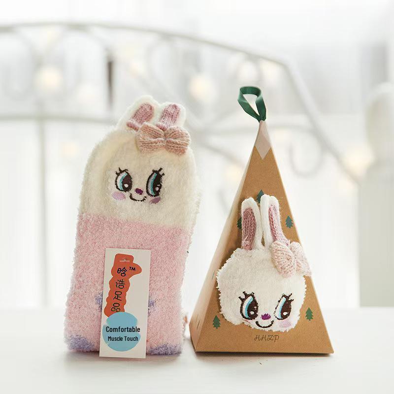 Japanese Christmas Cartoon Socks: Cozy Coral Fleece with 3D Embroidery for Women