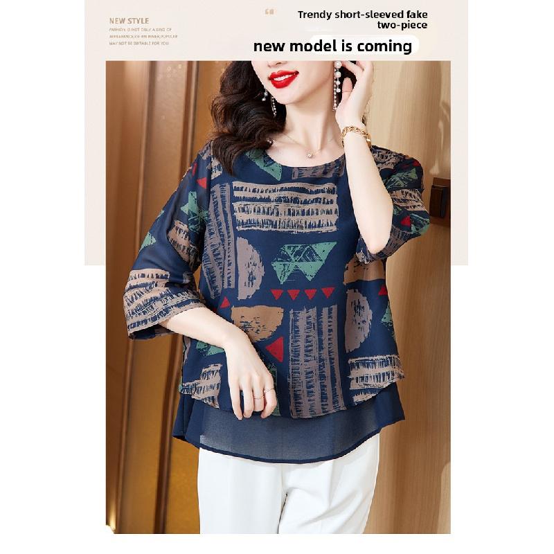 New Fashion Casual Short-sleeve Chiffon Blouse for Women, Summer Loose-fitting Pullover Plus-size Top