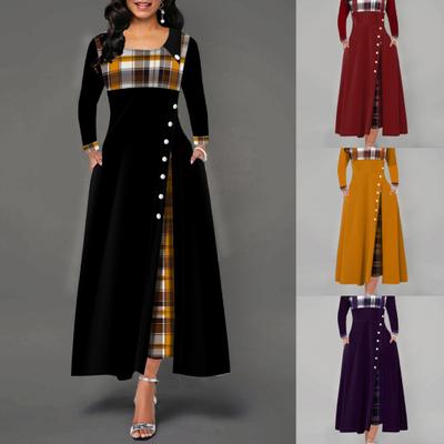 Lady Dress Kontrastowe kolory Plaid Okrągły dekolt Patchwork Bankietowa sukienka na dojazdy
