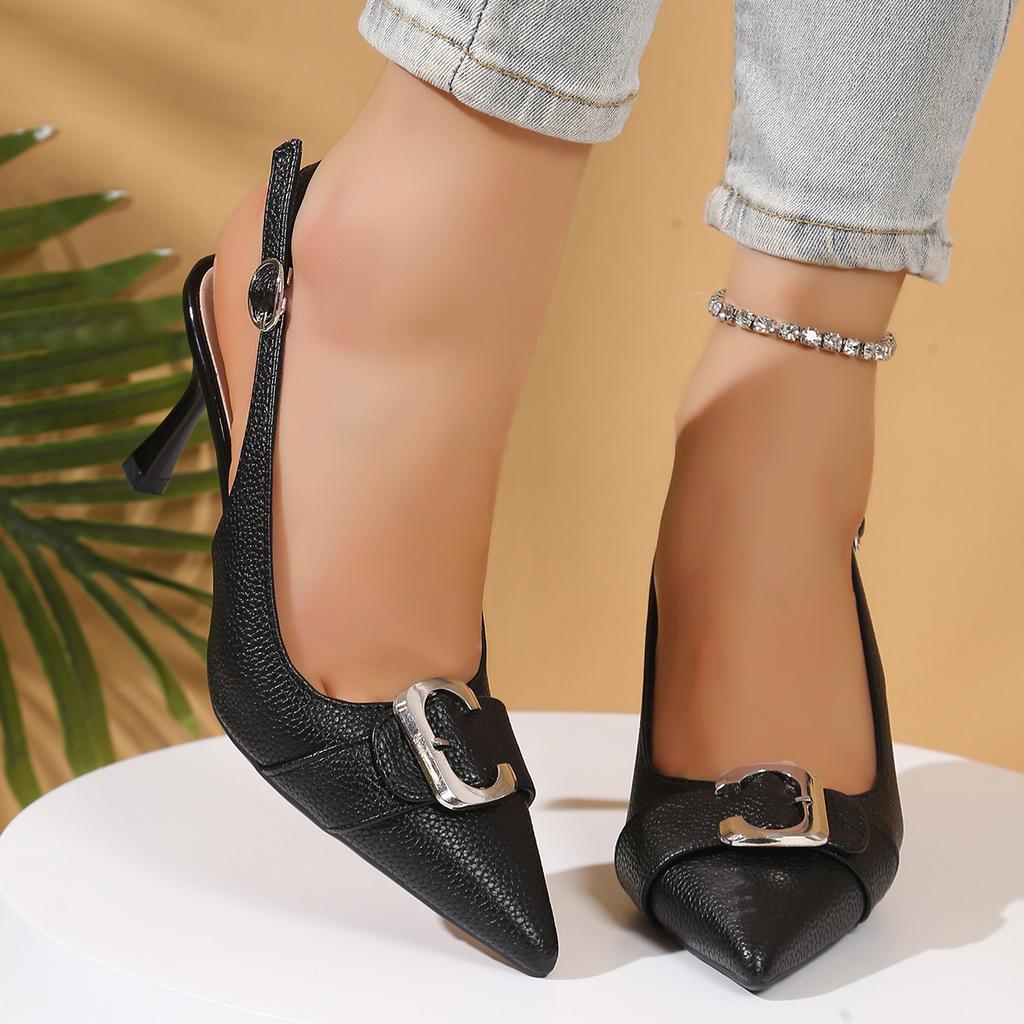 Fashion 2025 Female Slingbacks New Pumps Slides Women Heels Shoes Pointed Toe Footwear Fashion Metal Buckle Ladies High Heels Shoes