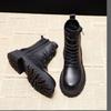 Autumn Winter Women's Mid Length Boots Black Anti Slip Footwear Laceup Boots Ladies Thick Heeled Casual Shoes