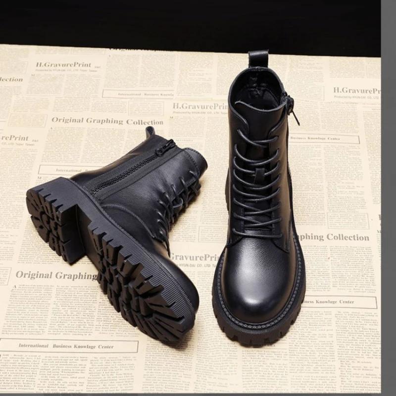 Autumn Winter Women's Mid Length Boots Black Anti Slip Footwear Laceup Boots Ladies Thick Heeled Casual Shoes