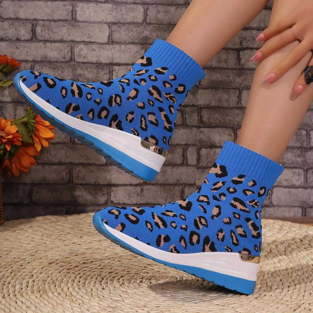 Women's Boots  New Mesh Breathable Socks Boots Thick Sole Anti Slip Color Fashion Outdoor Leopard Print Casual Shoes