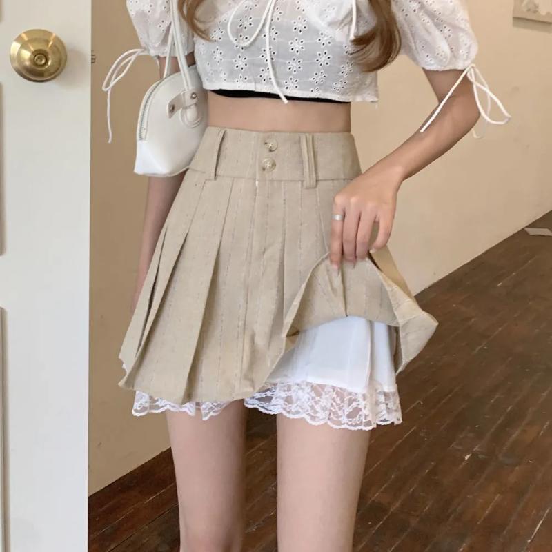 Lace-trimmed Pleated High-waisted A-line Skirt New Style Anti-exposure Slimming Hot Girl
