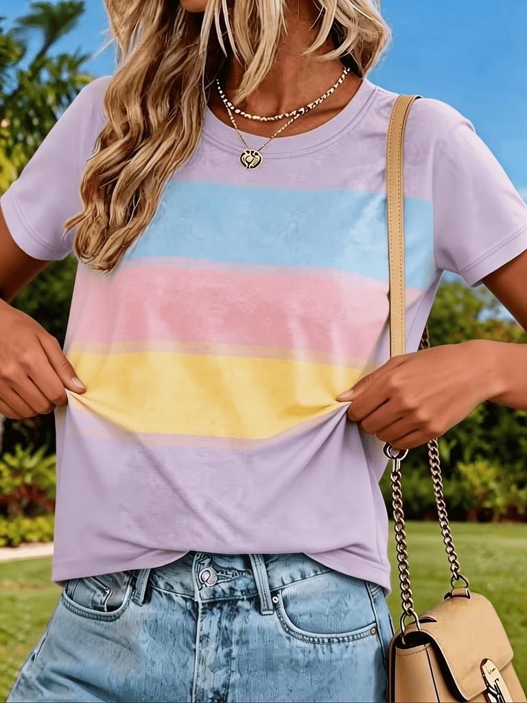 Rainbow Striped Women T Shirt Oversized Clothes Trend Casual Short Sleeve Crew Neck T Shirts Summer Lady Tees Daily Soft Wear