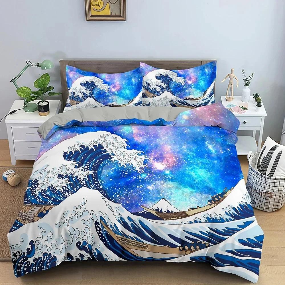Big Wave Japanese Art Abstract Comfortable Duvet Quilt Cover Pillowcase Bedding Set Children Bedroom Decoration Home Textile