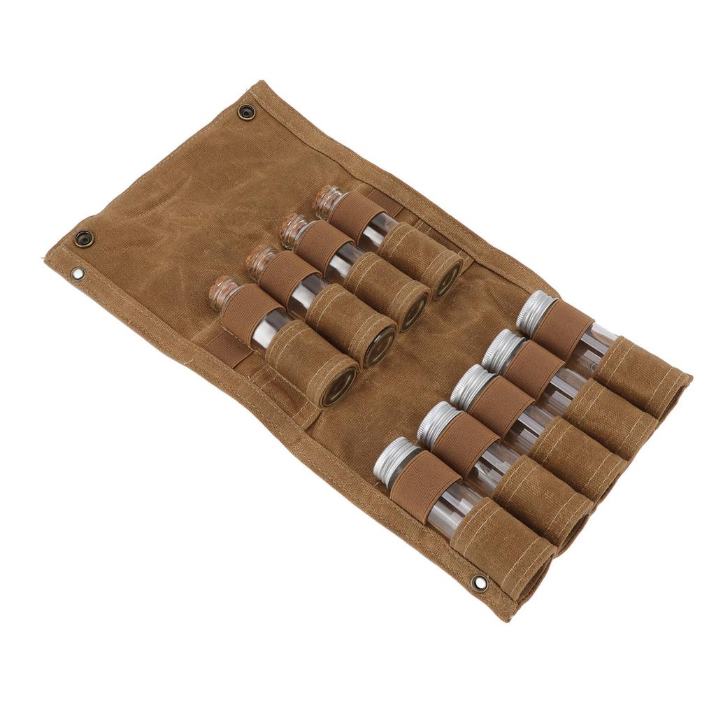 Spice Bottle Bag Wet Wax Canvas Portable Seasoning Storage Bag with 9 Glass Seasoning Bottle for Outdoor Camping Khaki