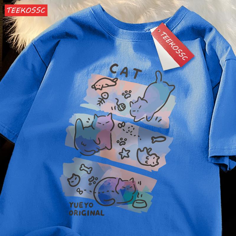 Buntes Drei Katzen Trendiges Lockeres und Atmungsaktives Reine Baumwolle Sommer Kurzarm T-Shirt Männer Frauen Verträumter Spaß Katze Niedliche Kleidung