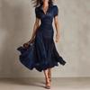 Fashion Women's Elegant Striped Pleated Midi Dress Short Sleeve Collared V Neck Waist Cinched Formal Dress Slim Fit Flowy Pleated Skirt for Party Work