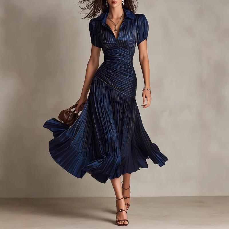 Fashion Women s Elegant Striped Pleated Midi Dress Short Sleeve Collared V Neck Waist Cinched Formal Dress Slim Fit Flowy Pleated Skirt for Party Work S темно-синий