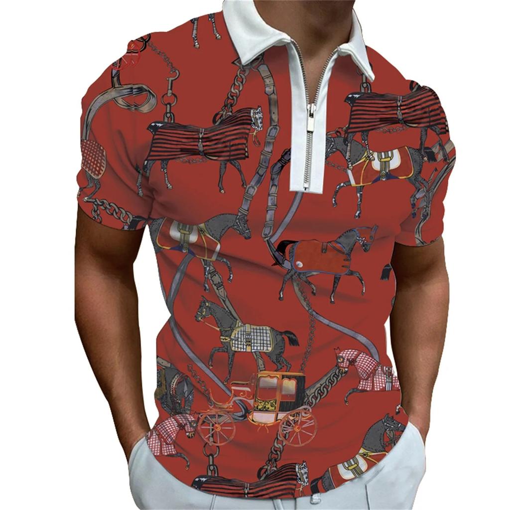 Men's Fashion Short Sleeve Zipper POLO Shirt Men's Personalized Printed Lapel POLO Shirt T-shirt