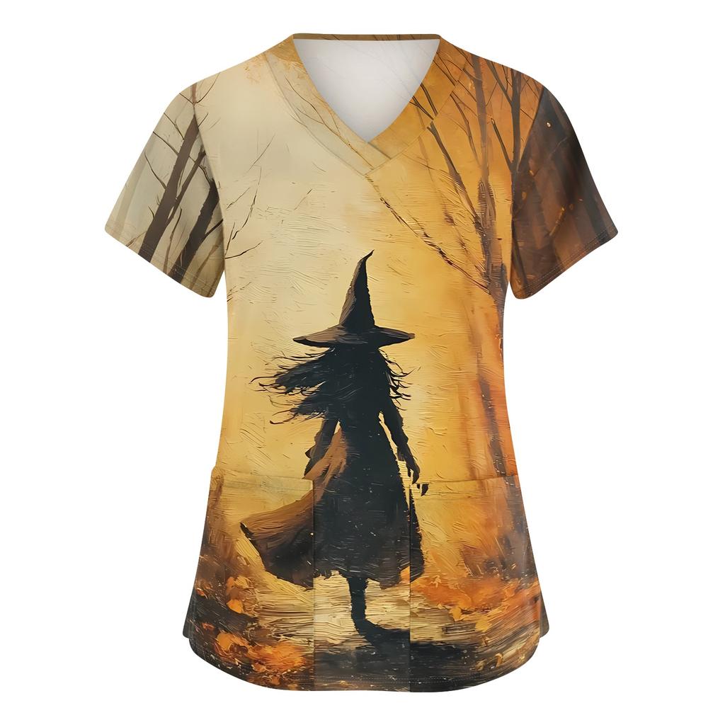 Women V Neck Short Sleeve Work Shirt Side Slit Top with Pockets Halloween Print Casual Blouse for Daily Wear